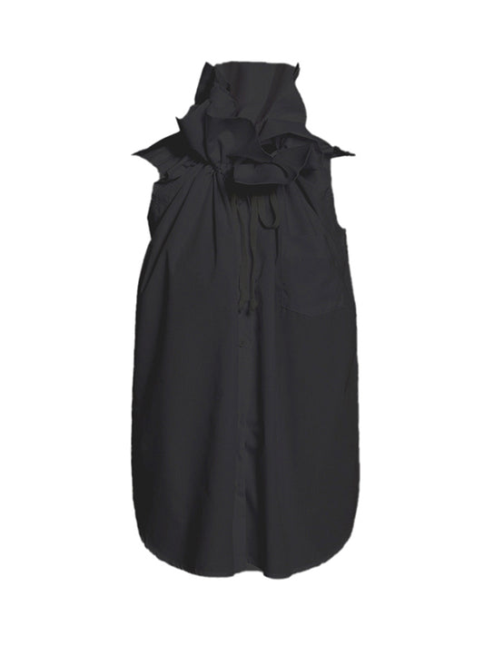 Loose Sleeveless Buttoned Drawstring Pleated Solid Color Stand Collar Vest Top