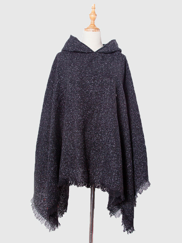 Fringed Hooded Keep Warm Solid Color Cape Shawl&Cloak