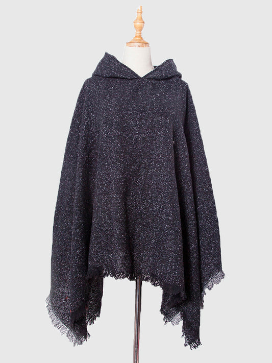 Fringed Hooded Keep Warm Solid Color Cape Shawl&Cloak