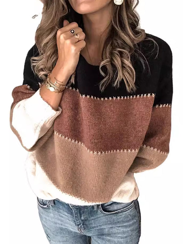 Long Sleeves Loose Contrast Color Split-Joint Striped Round-Neck Pullovers Sweater Tops