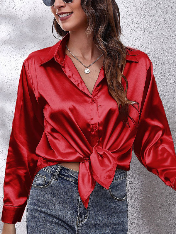 Long Sleeves Loose Solid Color Lapel Blouses&Shirts Tops