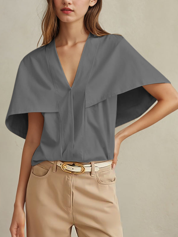 Capelet Loose Pleated Solid Color Split-Joint V-Neck Blouses&Shirts Tops
