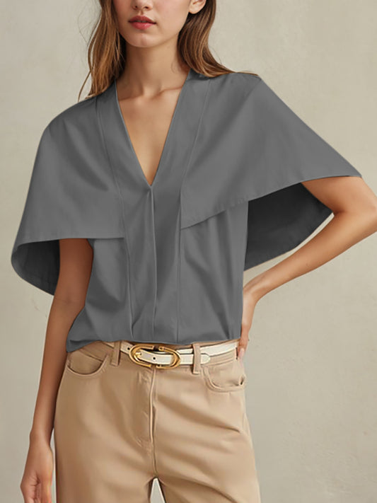 Capelet Loose Pleated Solid Color Split-Joint V-Neck Blouses&Shirts Tops