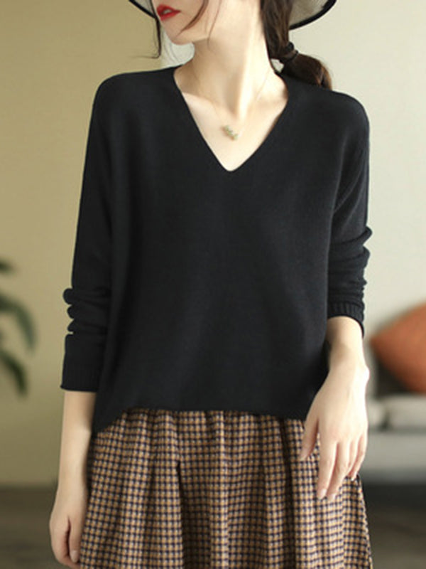 Long Sleeves Loose Solid Color V-Neck Sweater Tops