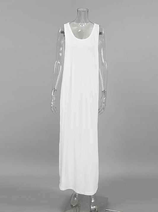 Loose Sleeveless See-Through Solid Color Split-Joint U-Neck Maxi Dresses