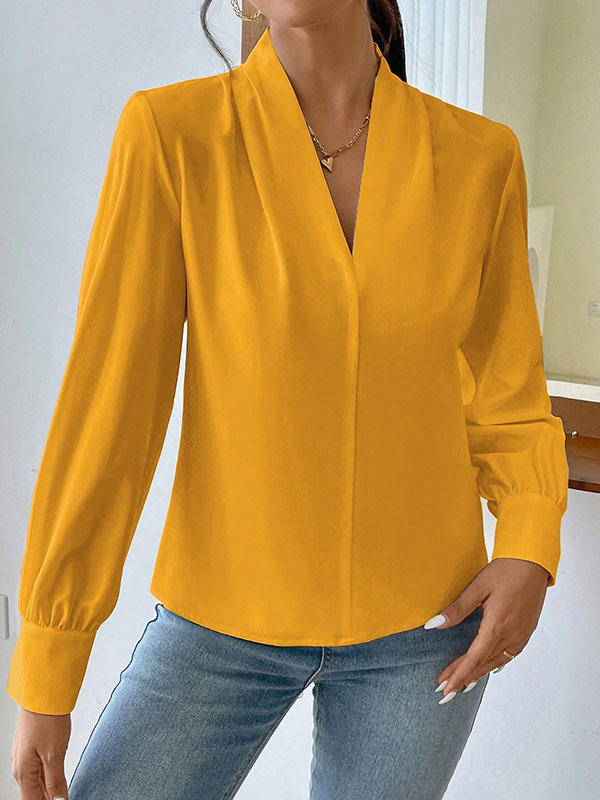 Long Sleeves Loose Pleated Solid Color Split-Joint V-Neck Blouses&Shirts Tops
