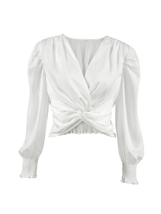 Loose Puff Sleeves Elasticity Pleated Solid Color Split-Joint V-Neck Blouses&Shirts Tops