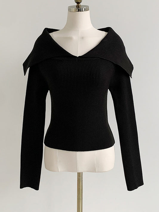 Long Sleeves Skinny Solid Color Lapel Knitted Hats Pullovers Sweater Tops