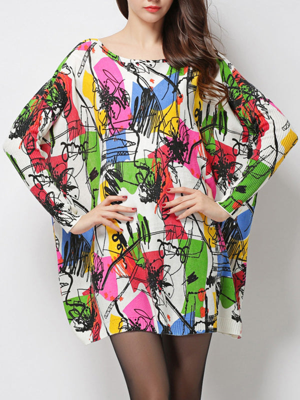 Long Sleeves Loose Printed Split-Joint Round-Neck Sweater Tops