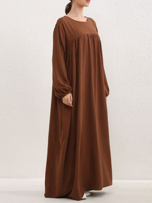 Long Sleeves Loose Pleated Solid Color Split-Joint Round-Neck Maxi Dresses