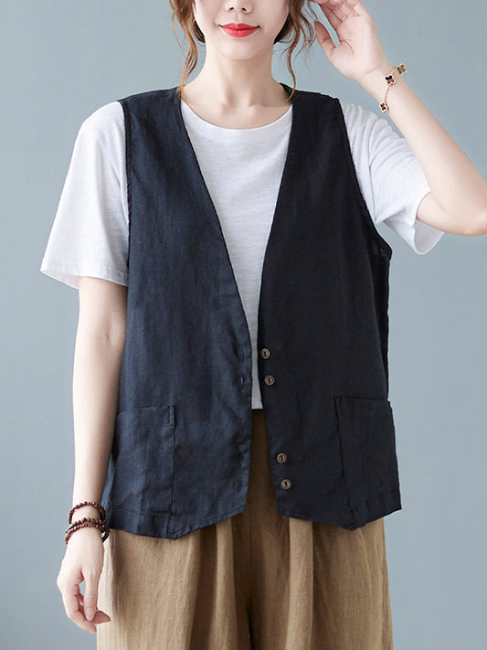 Simple Loose V-Neck Solid Color Vest
