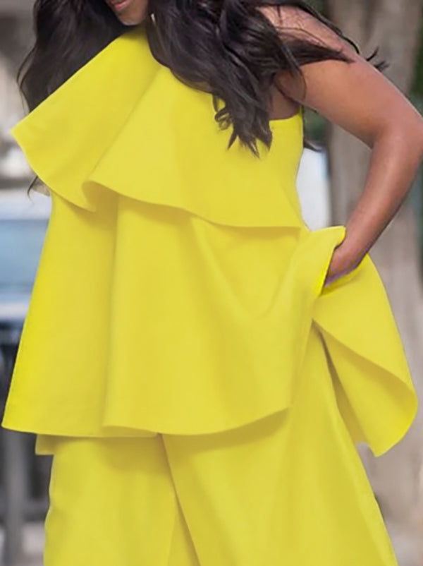 Loose Sleeveless Asymmetric Double Layered Solid Color One-shoulder Vest Top