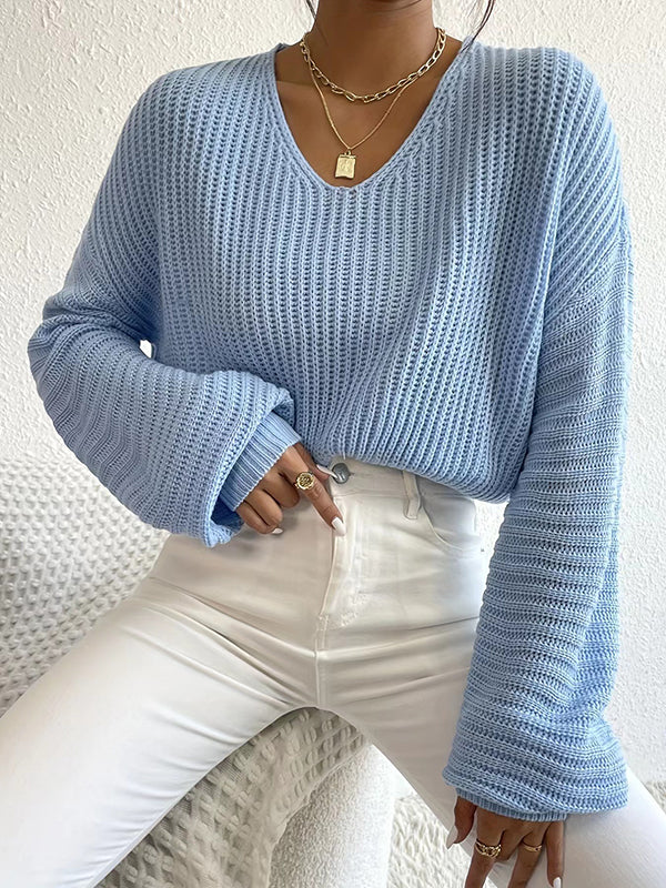 Long Sleeves Loose Solid Color Split-Joint V-Neck Pullovers Sweater Tops