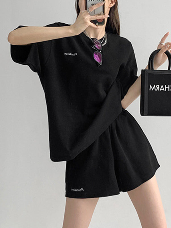 Short Sleeves Split-Joint Round-Neck T-Shirt + Elasticity Waist Shorts Two Pieces Set