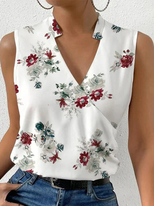 Loose Plus Size Flower Print Split-Joint V-Neck Vest Top