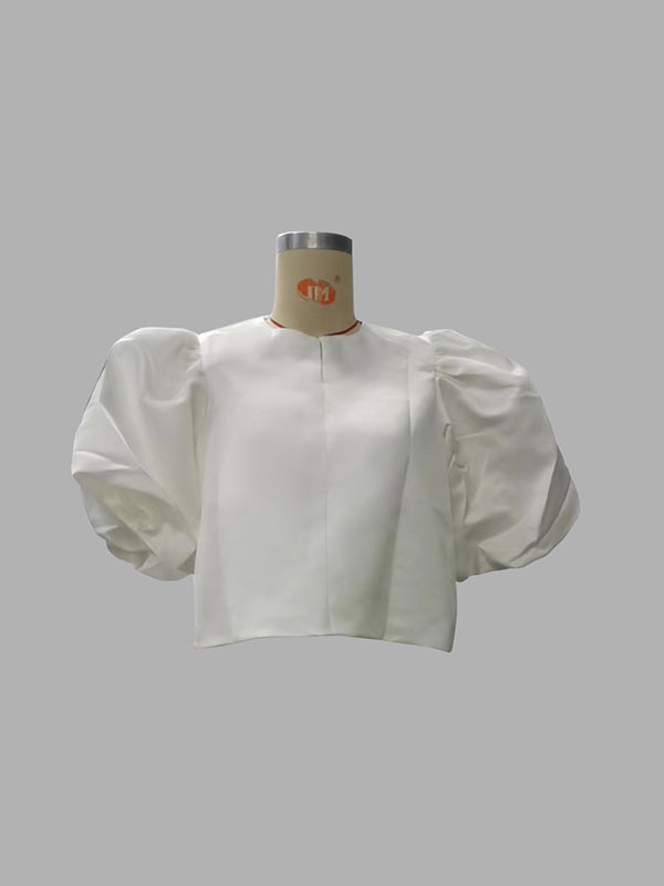 Loose Puff Sleeves Hollow Solid Color Split-Joint Round-Neck Blouses