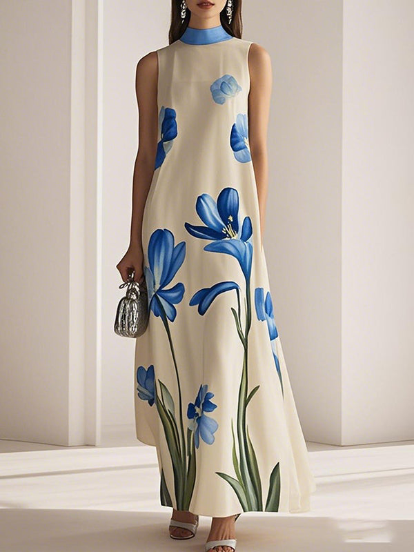 Loose Sleeveless Flower Print Mock Neck Maxi Dresses