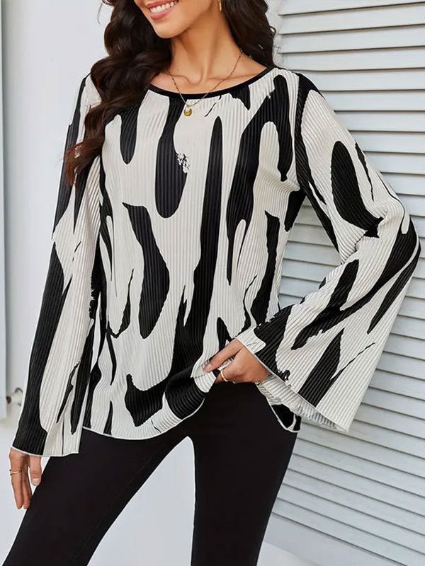 Flared Sleeves Loose Pleated Printed Split-Joint Round-Neck Blouses&Shirts Tops