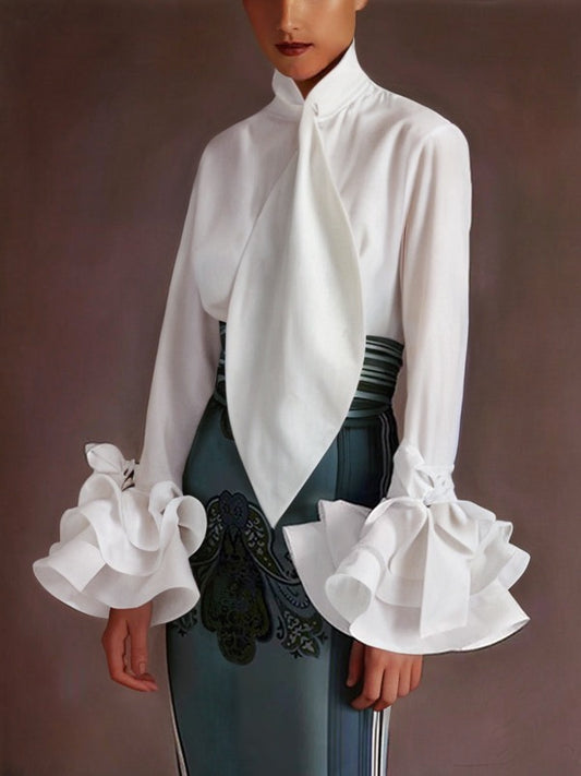 Flared Sleeves Long Sleeves Buttoned Falbala Solid Color Stand Collar Blouses&Shirts Tops