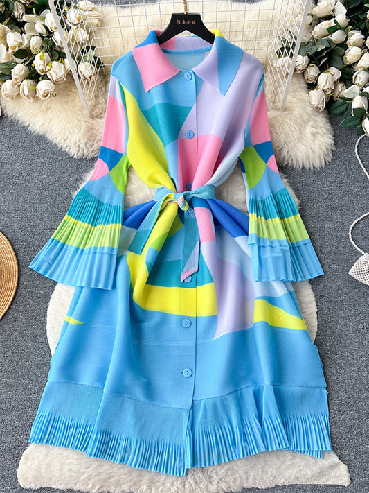 Flared Sleeves Loose Belted Contrast Color Pleated Midi Dresses