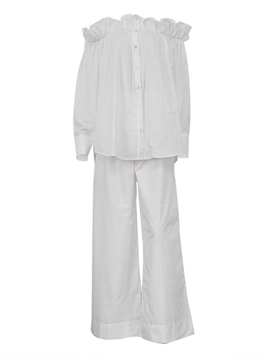 Loose Puff Sleeves Pleated Solid Color Off-The-Shoulder Blouse + Pants Trousers Elasticity Two Pieces Set