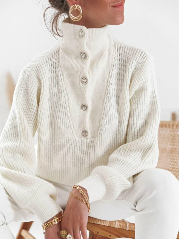 Long Sleeves Buttoned Solid Color High-Neck Sweater Tops
