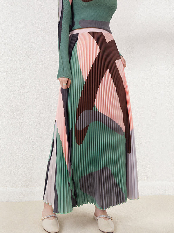 A-Line Loose Contrast Color Pleated Skirts Bottoms