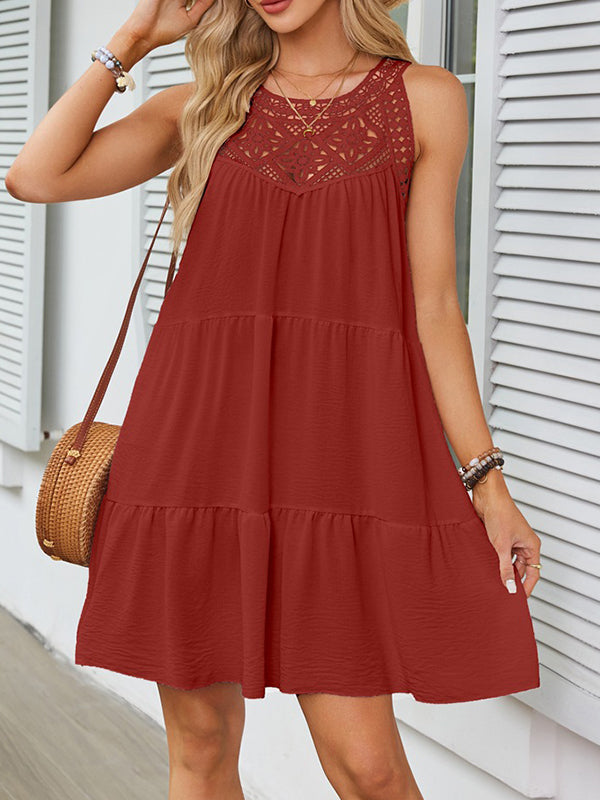 Loose Sleeveless Hollow Pleated Solid Color Split-Joint Round-Neck Mini Dresses