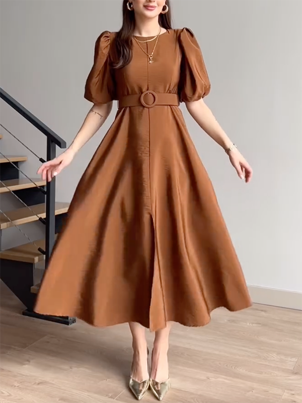 Half Sleeves Puff Sleeves Belted Solid Color Split-Front Round-Neck Midi Dresses