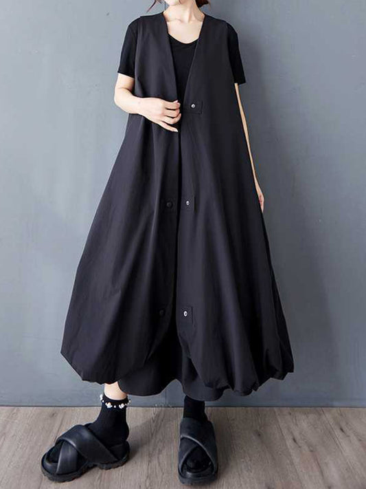A-Line Loose Buttoned Pleated Pockets Solid Color V-Neck Midi Dresses Vest Outerwear