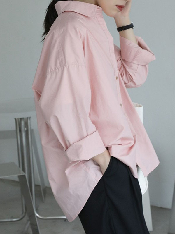 Long Sleeves Loose Buttoned Solid Color Lapel Blouses&Shirts Tops