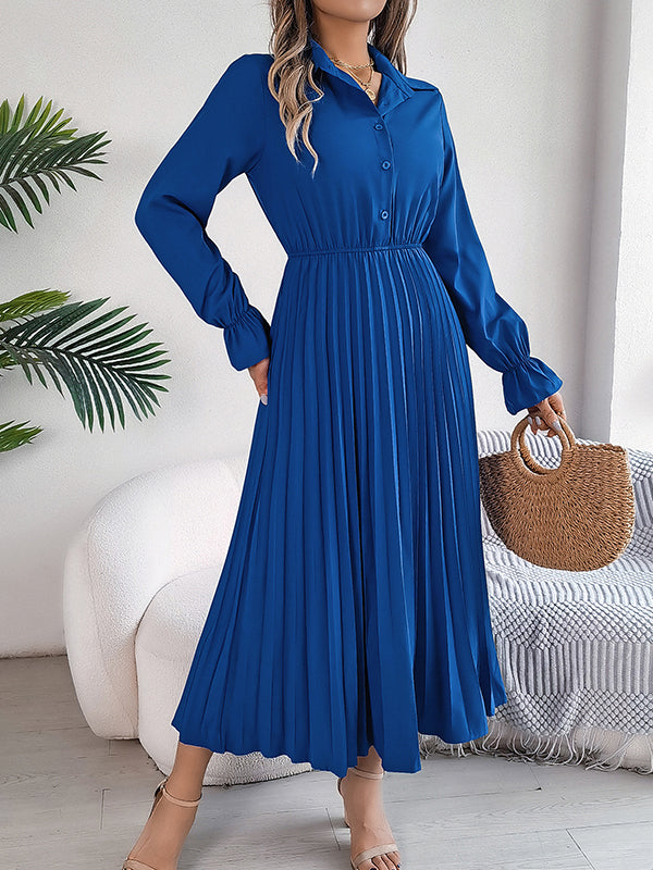 A-Line Flared Sleeves Buttoned Elasticity Pleated Solid Color Lapel Maxi Dresses