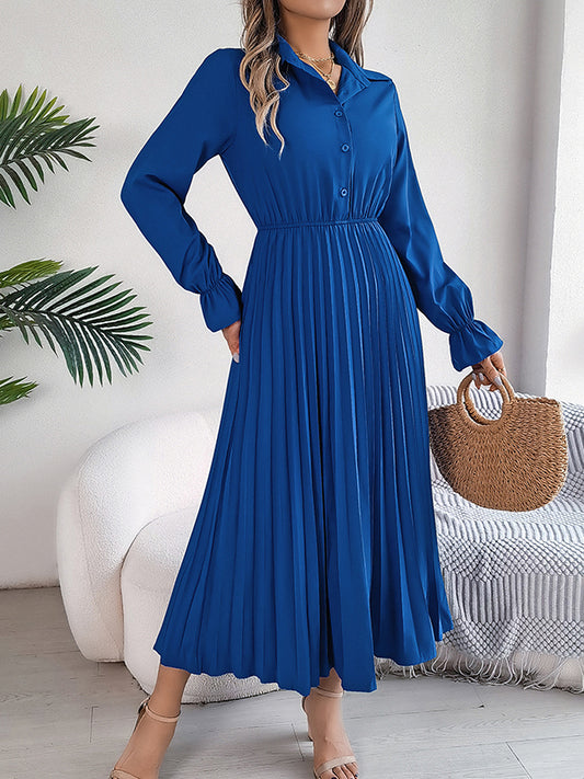 A-Line Flared Sleeves Buttoned Elasticity Pleated Solid Color Lapel Maxi Dresses