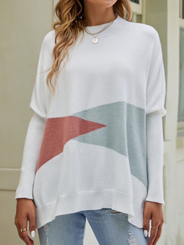 Batwing Sleeves Long Sleeves Contrast Color Round-Neck Knitwear Pullovers Sweater Tops