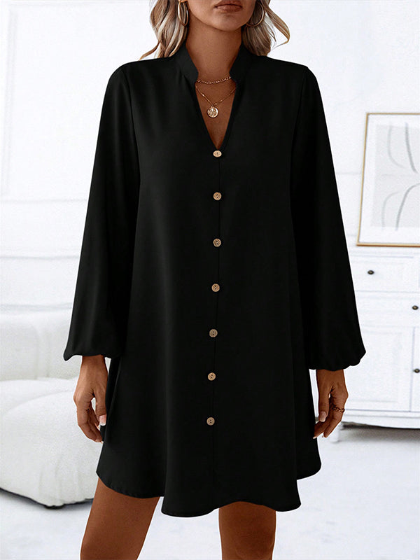 A-line Long Sleeves Buttoned Solid Color V-neck Mini Dresses