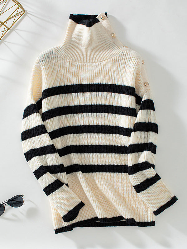 Long Sleeves Loose Buttoned Contrast Color Split-Joint Striped High Neck Pullovers Sweater Tops