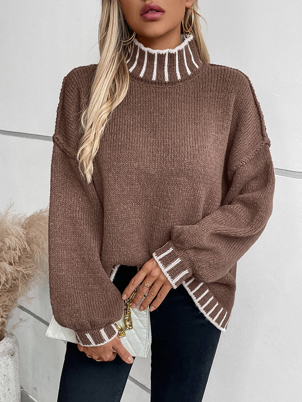 Long Sleeves Loose Contrast Color Split-Joint High Neck Pullovers Sweater Tops