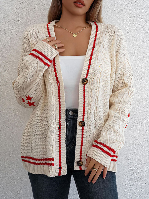 Long Sleeves Loose Buttoned Contrast Color Embroidered Split-Joint Collarless Cardigan Tops