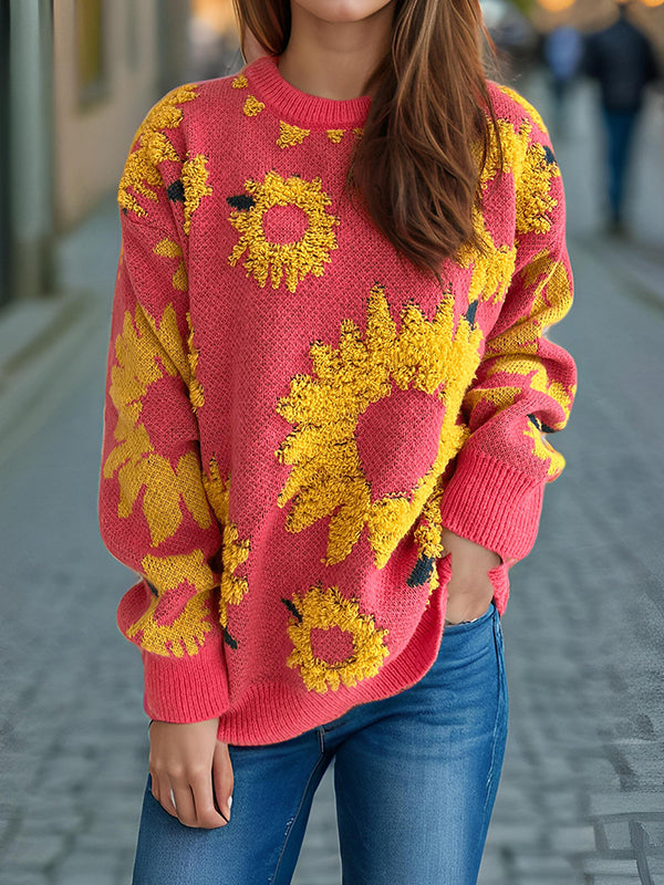 Long Sleeves Loose Contrast Color Knitted Flower Split-Joint Round-Neck Pullovers Sweater Tops