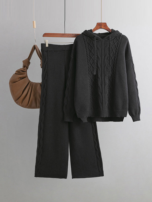 Urban Loose Solid Color Hooded High-Low Sweater Tops & Wide Leg Pants Two Pieces Set