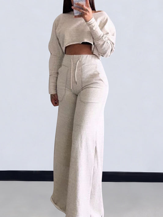Loose Solid Color Long Sleeves T-Shirt + Drawstring Wide Leg Pants Trousers Two Pieces Set
