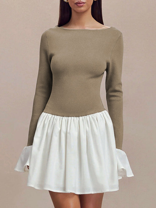 A-Line Flared Sleeves Contrast Color Pleated Split-Joint Round-Neck Mini Dresses