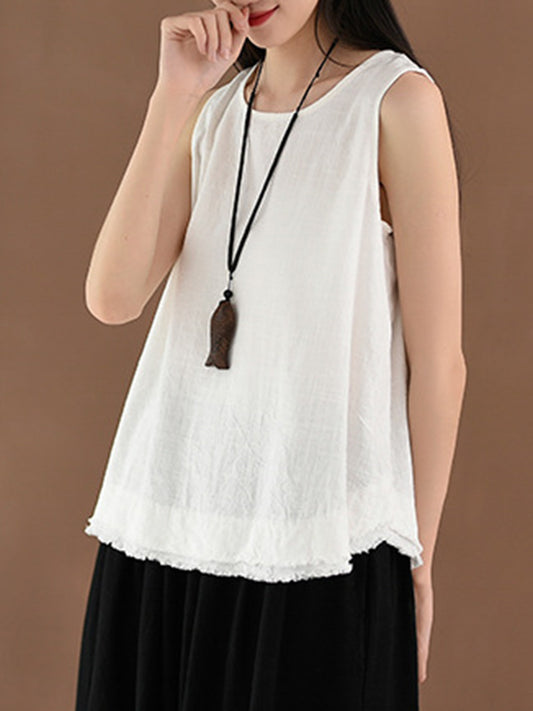 Loose Sleeveless Fringed Solid Color Round-Neck Vest Top