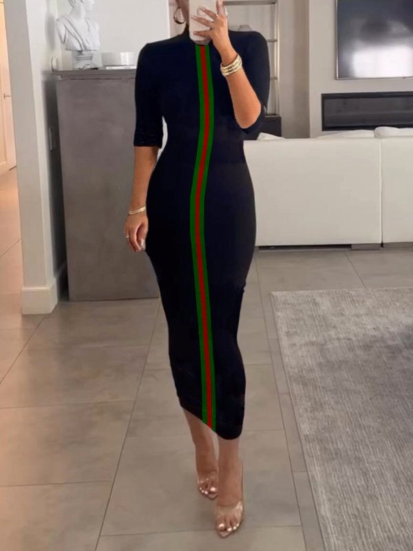 Bodycon Half Sleeves Contrast Color Striped Stand Collar Midi Dresses