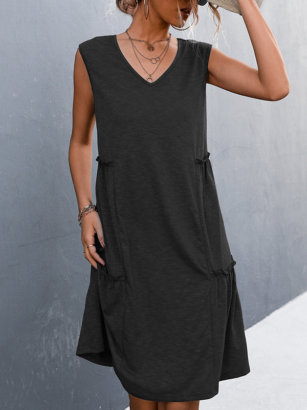 A-line Loose Pleated Solid Color Split-Joint V-neck Midi Dresses