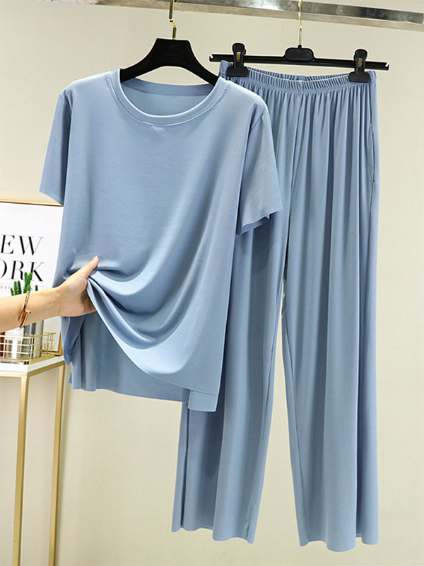 Casual Loose Short Sleeves Elasticity Solid Color Round-Neck Pajamas Set