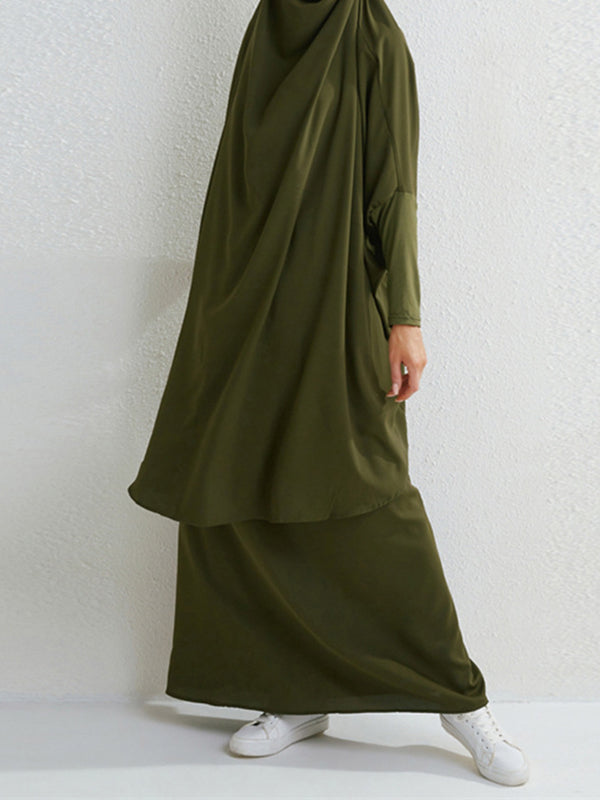 Batwing Sleeves Long Sleeves Muslim Solid Color High Neck Shirts Top + Skirts Bottom Two Pieces Set