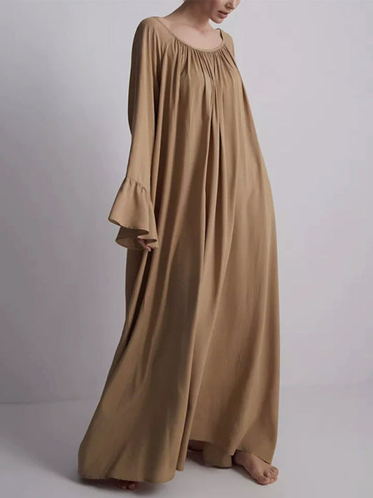 Flared Sleeves Loose Pleated Solid Color Split-Joint Round-Neck Maxi Dresses