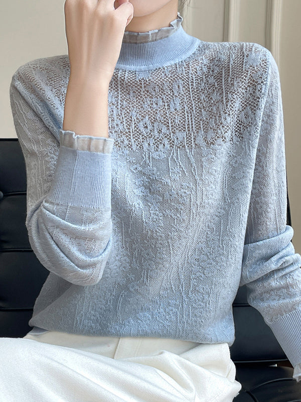Long Sleeves Loose Crochet Solid Color Mock Neck T-Shirts Tops