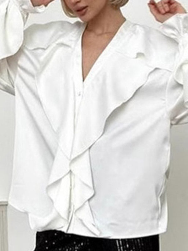 Loose Puff Sleeves Solid Color Split-Joint Tiered V-Neck Blouses&Shirts Tops